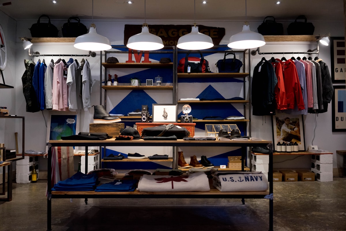 Interior de loja de roupas com peças expostas em cabides
